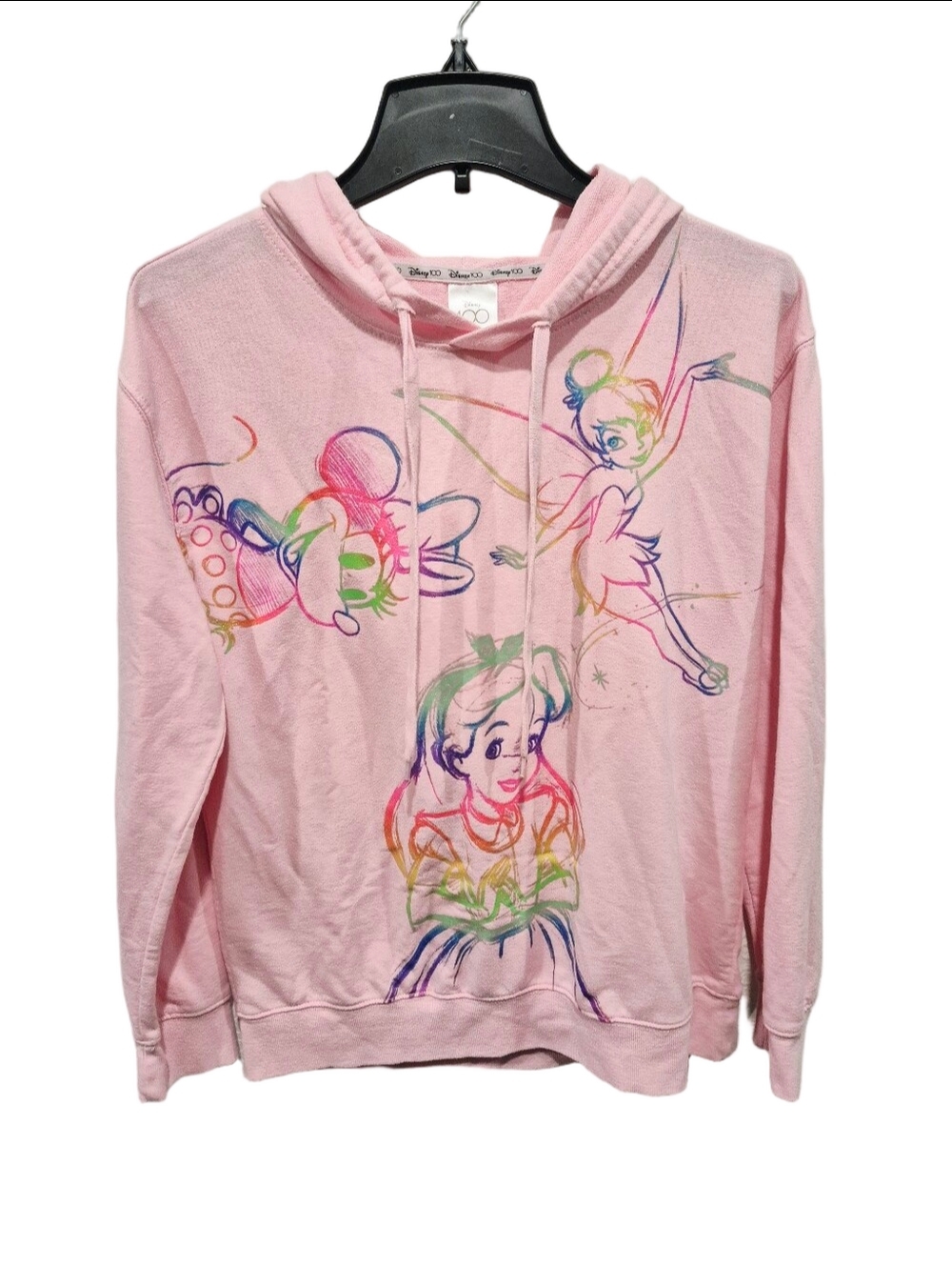 Disney 100 Graphic Pullover Hoodie Light Pink Rainbow Sketch Characters Size M